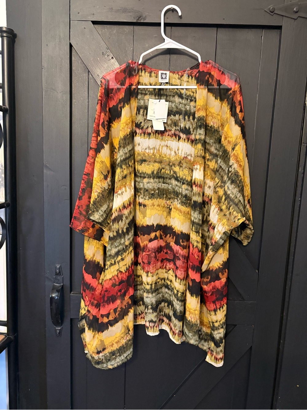 Anne Klein Open-Front Tie-Dye Kimono in Yellow, Red, Olive